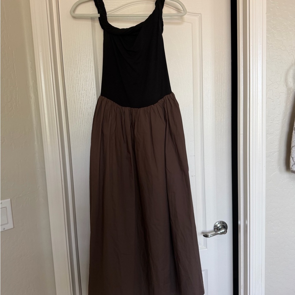 Off Shoulder Boutique Dress - Two Toned Black Top and Rich Brown Bottom.